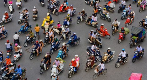 Overhead View of Motorbike Traffic, Hanoi, Vietnam